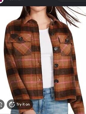 BB Dakota Brown Plaid Utility Jacket with Pink Accents Shacket XL